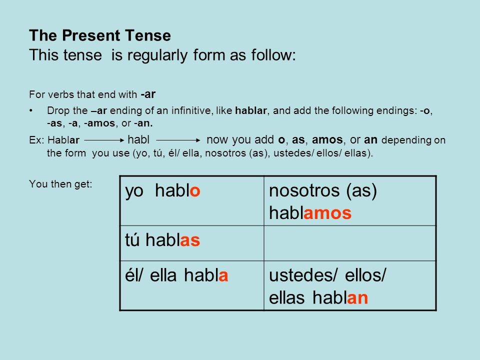 The Present Tense This tense is regularly form as follow: For verbs that end with -ar Drop the –ar ending of an infinitive, like hablar, and add the following endings: -o, -as, -a, -amos, or -an.