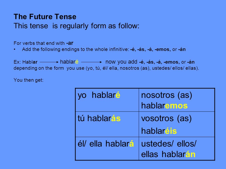 The Future Tense This tense is regularly form as follow: For verbs that end with -ar Add the following endings to the whole infinitive: -é, -ás, -á, -emos, or -án Ex: Hablar hablaré now you add -é, -ás, -á, -emos, or -án depending on the form you use (yo, tú, él/ ella, nosotros (as), ustedes/ ellos/ ellas).