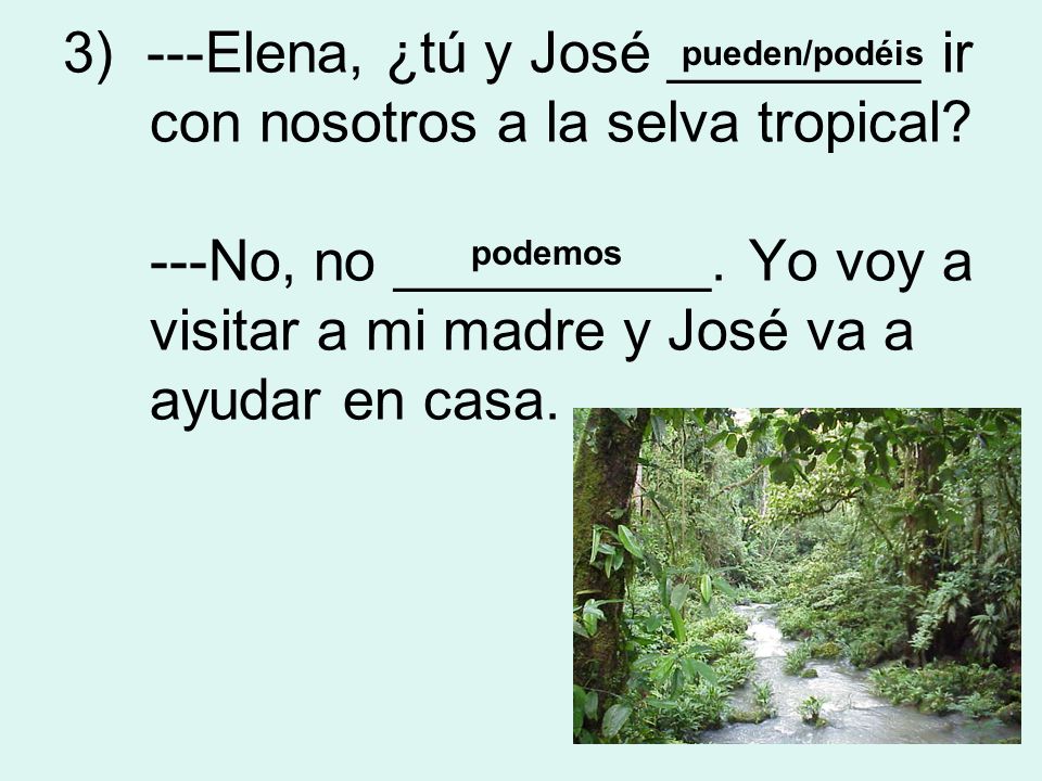 3) ---Elena, ¿tú y José ________ ir con nosotros a la selva tropical.