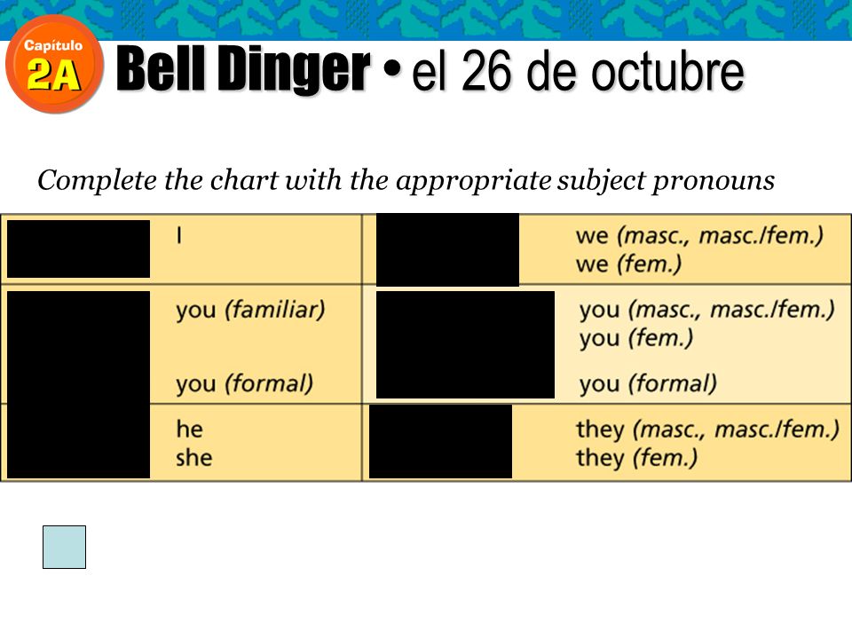Bell Dinger el 26 de octubre Complete the chart with the appropriate subject pronouns