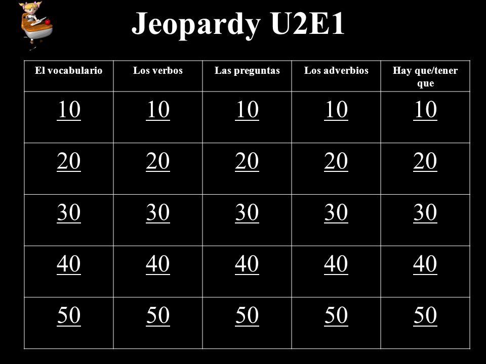 Jeopardy U2E1 El vocabularioLos verbosLas preguntasLos adverbiosHay que/tener que