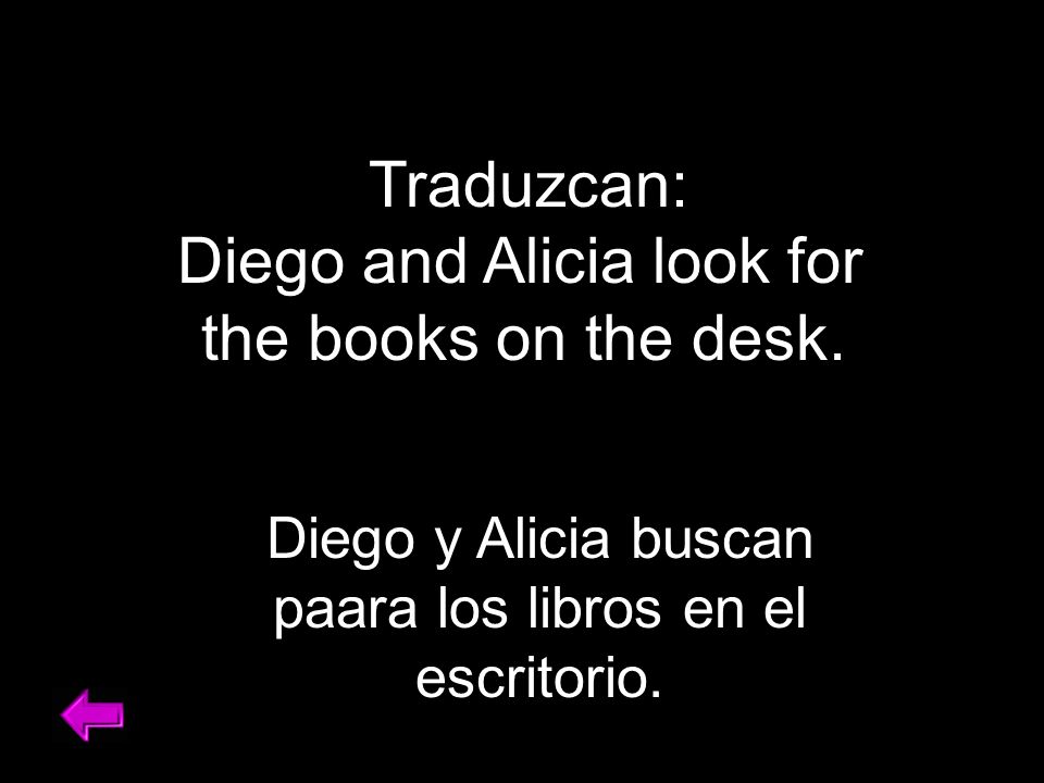 Traduzcan: Diego and Alicia look for the books on the desk.