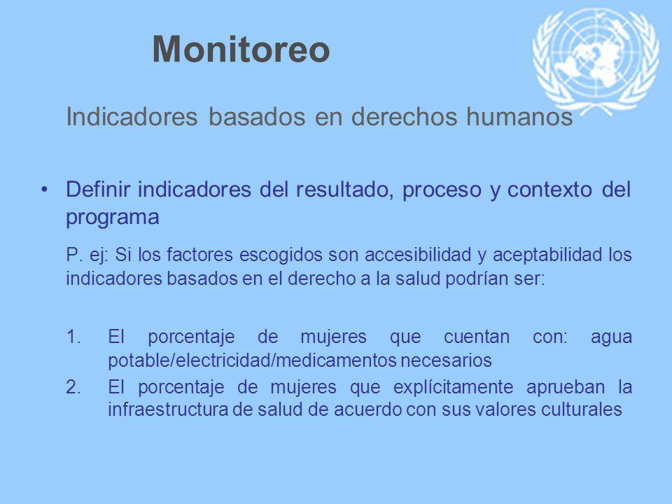 Monitoreo Indicadores basados en derechos humanos Definir indicadores del resultado, proceso y contexto del programa P.