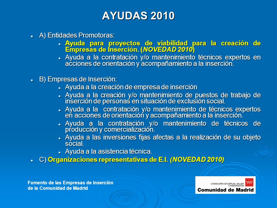 AYUDAS 2010 A) Entidades Promotoras: A) Entidades Promotoras: Ayuda para proyectos de viabilidad para la creación de Empresas de Inserción.
