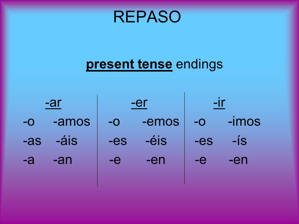 REPASO present tense endings -ar -er -ir -o -amos -o -emos -o -imos -as -áis -es -éis -es-ís -a -an -e -en -e -en