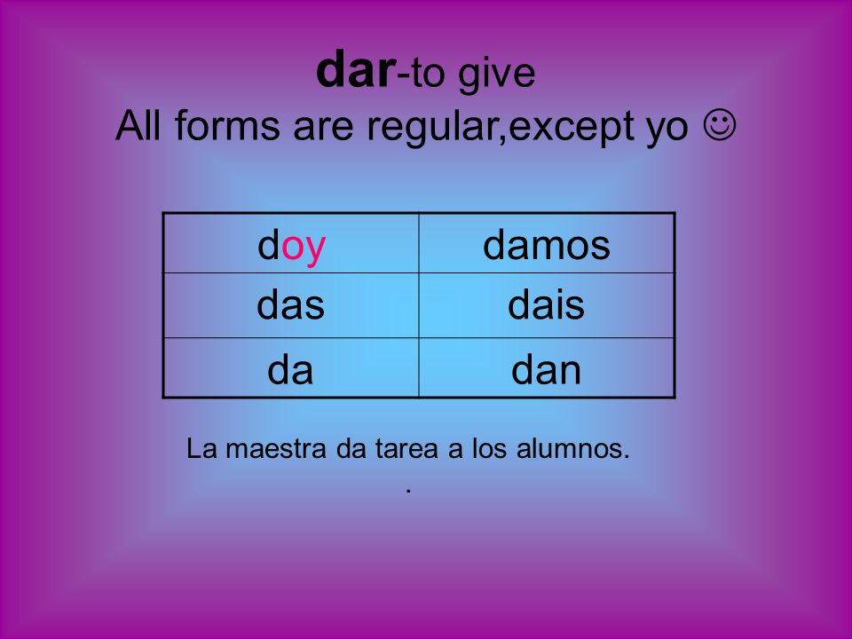 dar -to give All forms are regular,except yo doydamos dasdais dadan La maestra da tarea a los alumnos..
