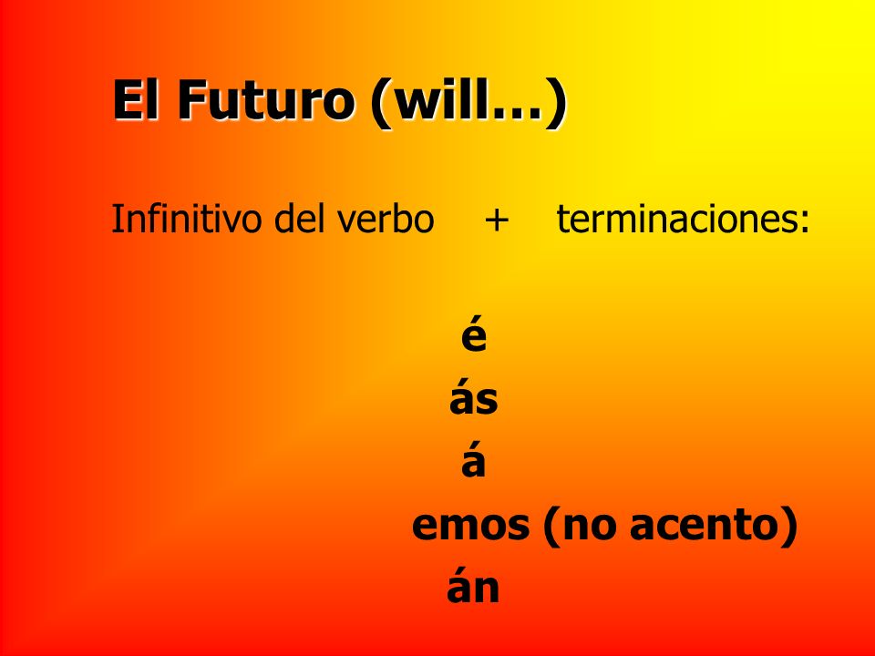 El Futuro (will…) Infinitivo del verbo + terminaciones: é ás á emos (no acento) án