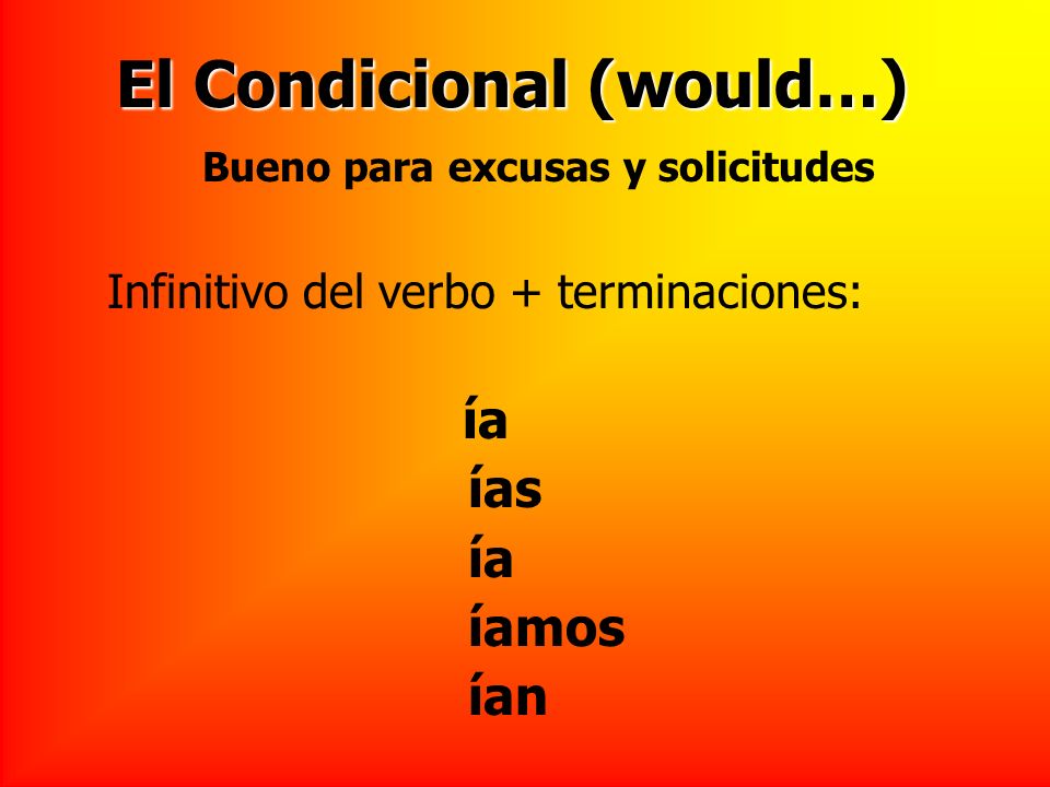 El Condicional (would…) Infinitivo del verbo + terminaciones: ía ías ía íamos ían Bueno para excusas y solicitudes