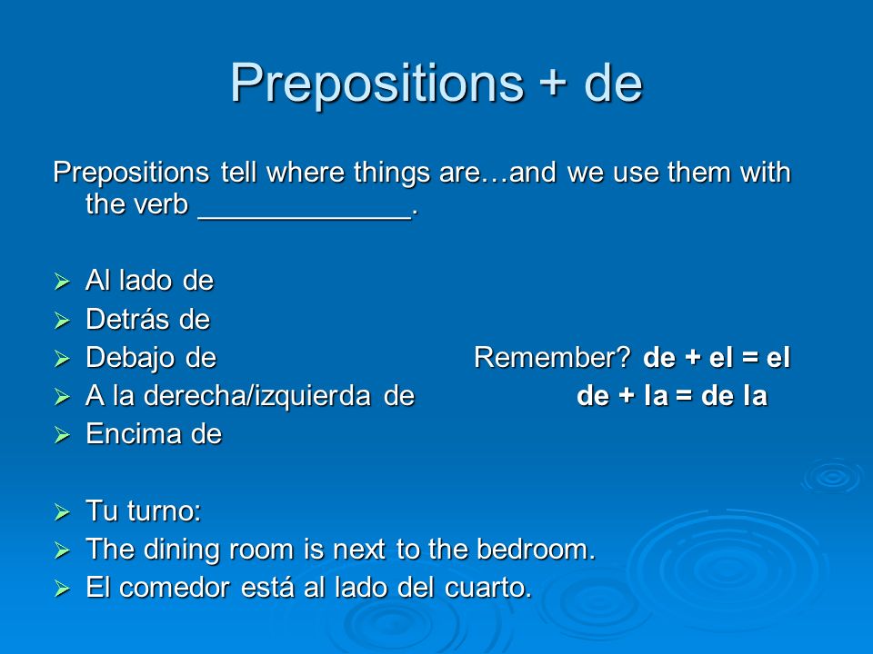 Prepositions + de Prepositions tell where things are…and we use them with the verb _____________.