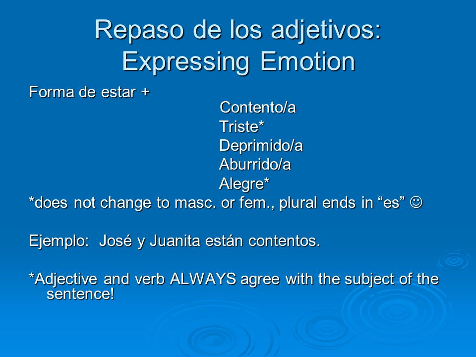 Repaso de los adjetivos: Expressing Emotion Forma de estar + Contento/a Triste*Deprimido/aAburrido/aAlegre* *does not change to masc.