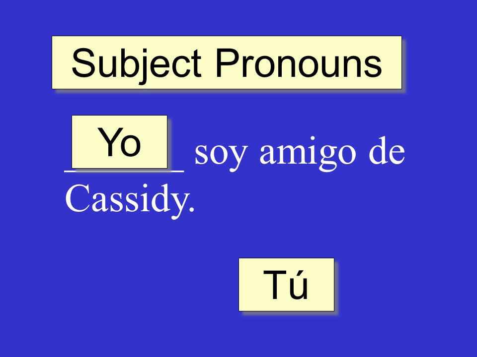 Subject Pronouns ______ soy amigo de Cassidy. Yo Tú