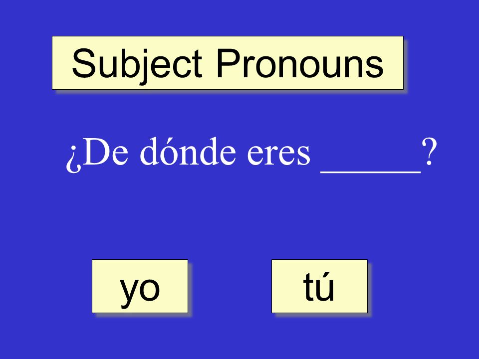 Subject Pronouns ¿De dónde eres _____ tú yo