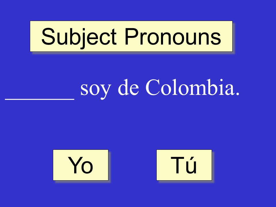 Subject Pronouns ______ soy de Colombia. Tú Yo