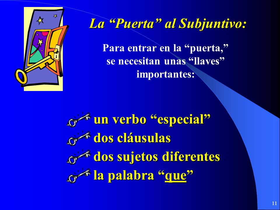 10 In Noun Clauses, the Subjunctive does not just happen, it is caused: The cause for the subjunctive is in the principal clause (la cláusula principal).
