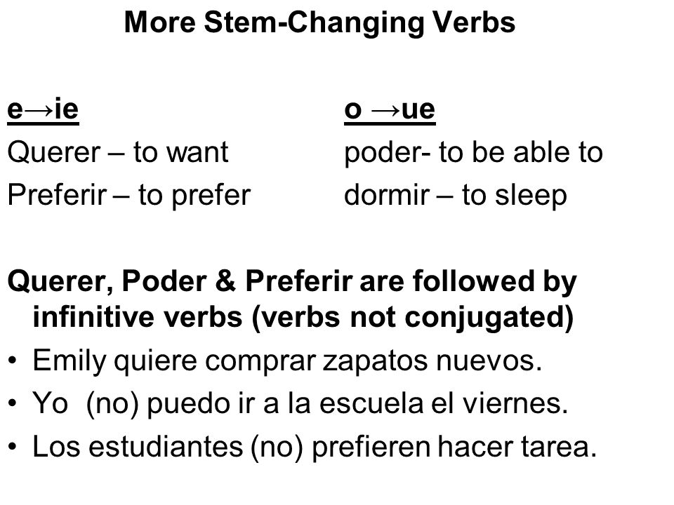 More Stem-Changing Verbs eie o ue Querer – to wantpoder- to be able to Preferir – to preferdormir – to sleep Querer, Poder & Preferir are followed by infinitive verbs (verbs not conjugated) Emily quiere comprar zapatos nuevos.