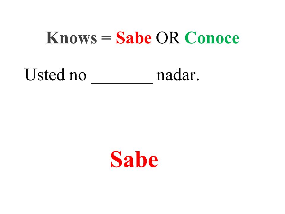Usted no _______ nadar. Knows = Sabe OR Conoce Sabe