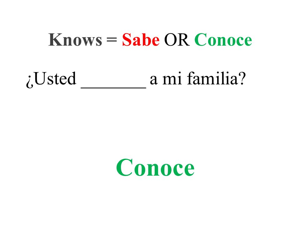 ¿Usted _______ a mi familia Knows = Sabe OR Conoce Conoce
