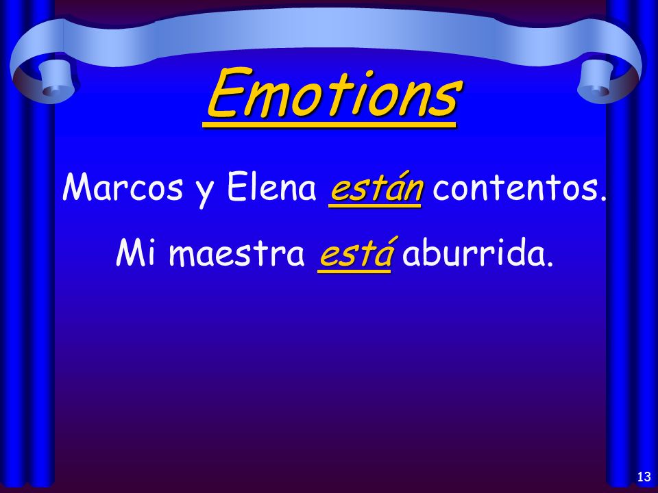 12 Los usos del verbo Estar: Emotions Location of a person or thing Feelings