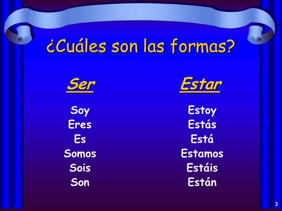2 Ser y Estar en español… Both verbs mean to be Used in very different cases Irregular conjugations