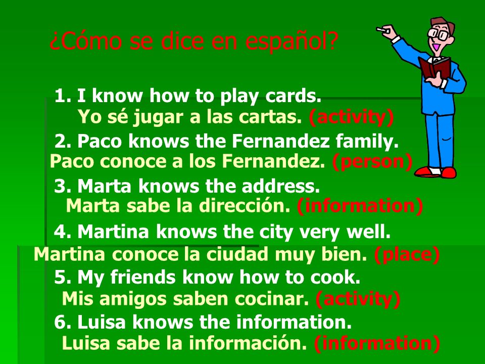 ¿Cómo se dice en español. 1. I know how to play cards.