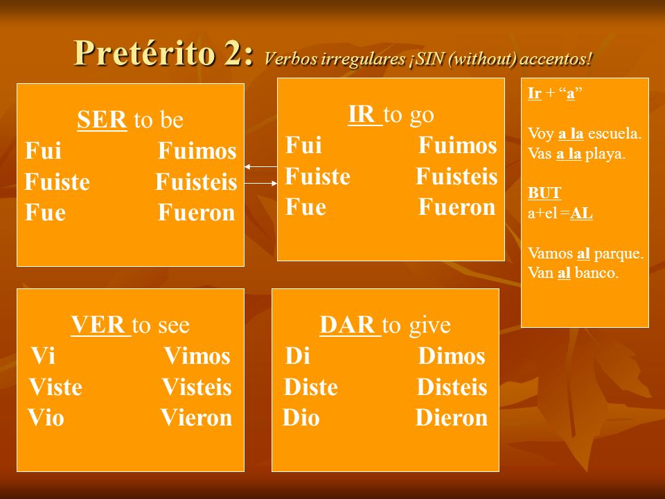 Pretérito 2: Verbos irregulares ¡SIN (without) accentos.