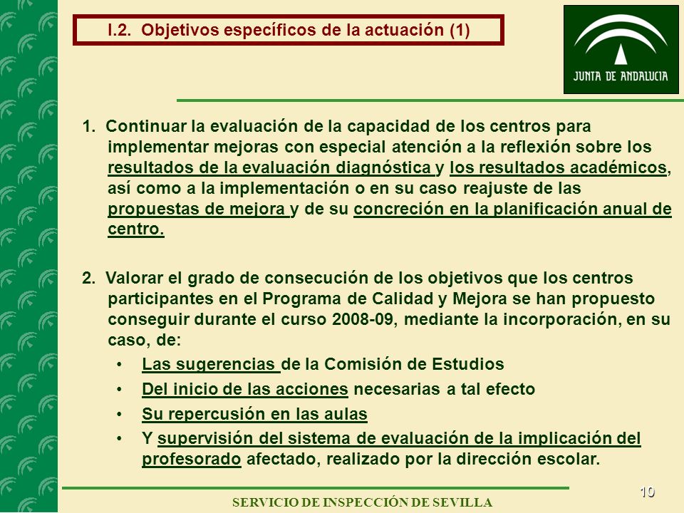 10 SERVICIO DE INSPECCIÓN DE SEVILLA I.2. Objetivos específicos de la actuación (1) 1.
