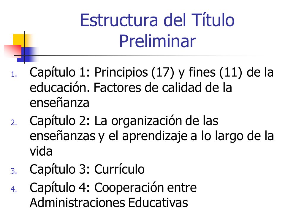 Estructura del Título Preliminar 1. Capítulo 1: Principios (17) y fines (11) de la educación.