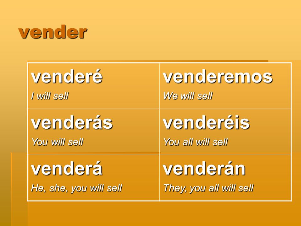 vender venderé I will sell venderemos We will sell venderás You will sell venderéis You all will sell venderá He, she, you will sell venderán They, you all will sell