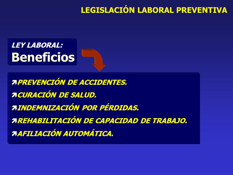 LEY LABORAL: Beneficios PREVENCIÓN DE ACCIDENTES. CURACIÓN DE SALUD.