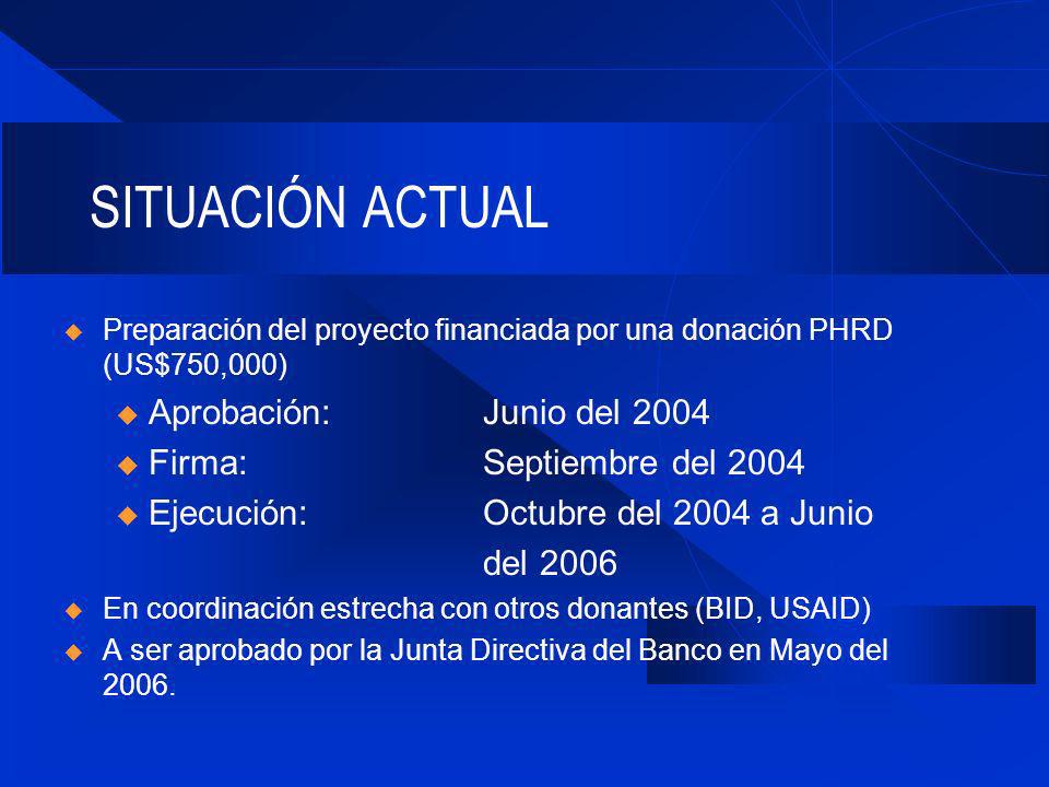 SITUACIÓN ACTUAL Preparación del proyecto financiada por una donación PHRD (US$750,000) u Aprobación: Junio del 2004 u Firma:Septiembre del 2004 u Ejecución: Octubre del 2004 a Junio del 2006 En coordinación estrecha con otros donantes (BID, USAID) A ser aprobado por la Junta Directiva del Banco en Mayo del 2006.