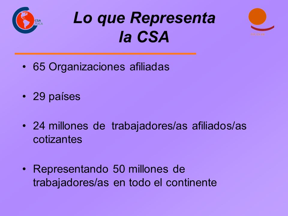 Lo que Representa la CSA 65 Organizaciones afiliadas 29 países 24 millones de trabajadores/as afiliados/as cotizantes Representando 50 millones de trabajadores/as en todo el continente