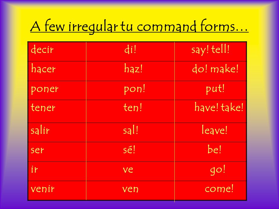 A few irregular tu command forms… decir di. say. tell.