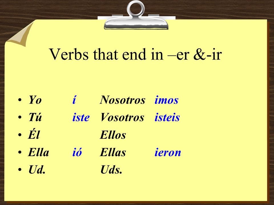 Verbs that end in –er &-ir YoíNosotrosimos TúisteVosotrosisteis ÉlEllos Ella ióEllasieron Ud.Uds.