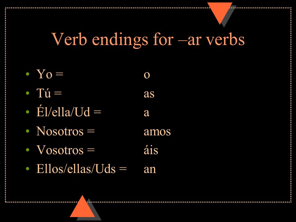 Verb endings for –ar verbs Yo = o Tú = as Él/ella/Ud = a Nosotros = amos Vosotros = áis Ellos/ellas/Uds = an