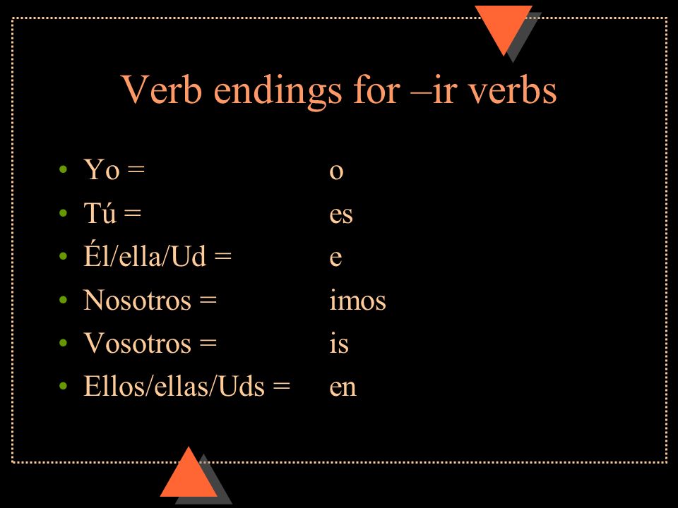 Verb endings for –ir verbs Yo = o Tú = es Él/ella/Ud = e Nosotros = imos Vosotros = is Ellos/ellas/Uds = en