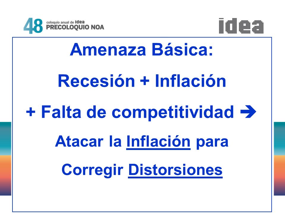 37 Amenaza Básica: Recesión + Inflación + Falta de competitividad Atacar la Inflación para Corregir Distorsiones
