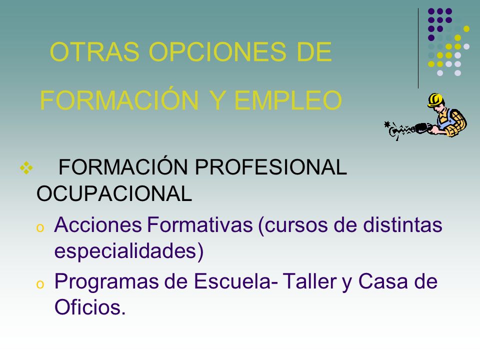 FORMACIÓN PROFESIONAL OCUPACIONAL Acciones Formativas (cursos de distintas especialidades) Programas de Escuela- Taller y Casa de Oficios.