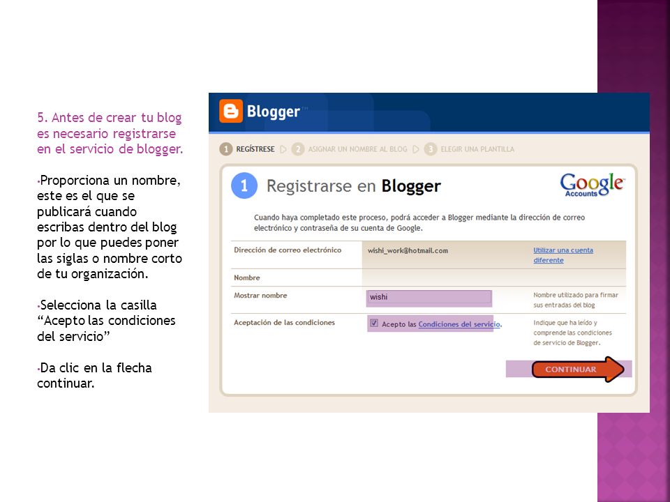 5. Antes de crear tu blog es necesario registrarse en el servicio de blogger.