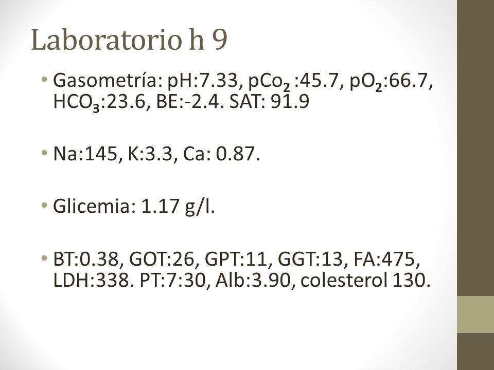 Laboratorio h 9 Gasometría: pH:7.33, pCo 2 :45.7, pO 2 :66.7, HCO 3 :23.6, BE:-2.4.