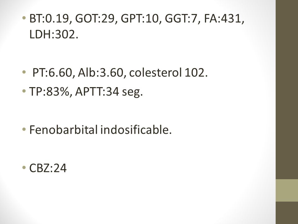 BT:0.19, GOT:29, GPT:10, GGT:7, FA:431, LDH:302. PT:6.60, Alb:3.60, colesterol 102.