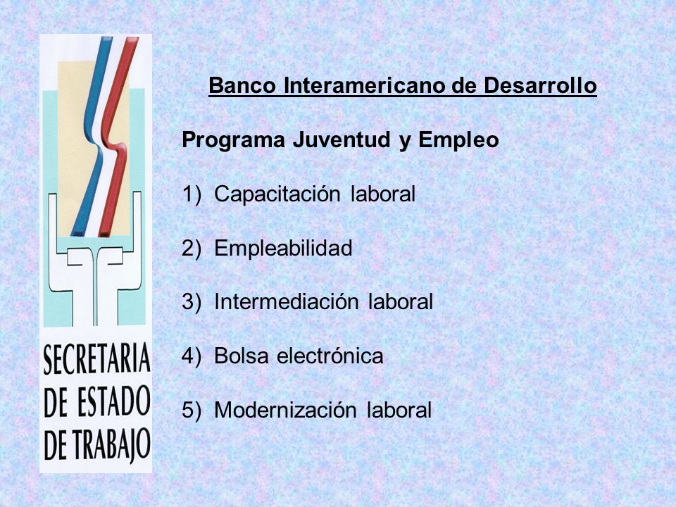 Banco Interamericano de Desarrollo Programa Juventud y Empleo 1) Capacitación laboral 2) Empleabilidad 3) Intermediación laboral 4) Bolsa electrónica 5) Modernización laboral