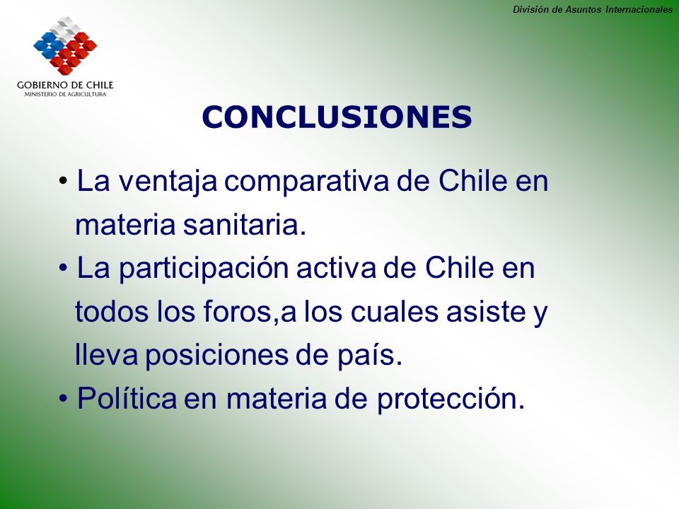 División de Asuntos Internacionales CONCLUSIONES La ventaja comparativa de Chile en materia sanitaria.