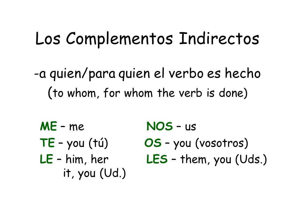 Los Complementos Indirectos -a quien/para quien el verbo es hecho ( to whom, for whom the verb is done) ME – me NOS – us TE – you (tú) OS – you (vosotros) LE – him, her LES – them, you (Uds.) it, you (Ud.)