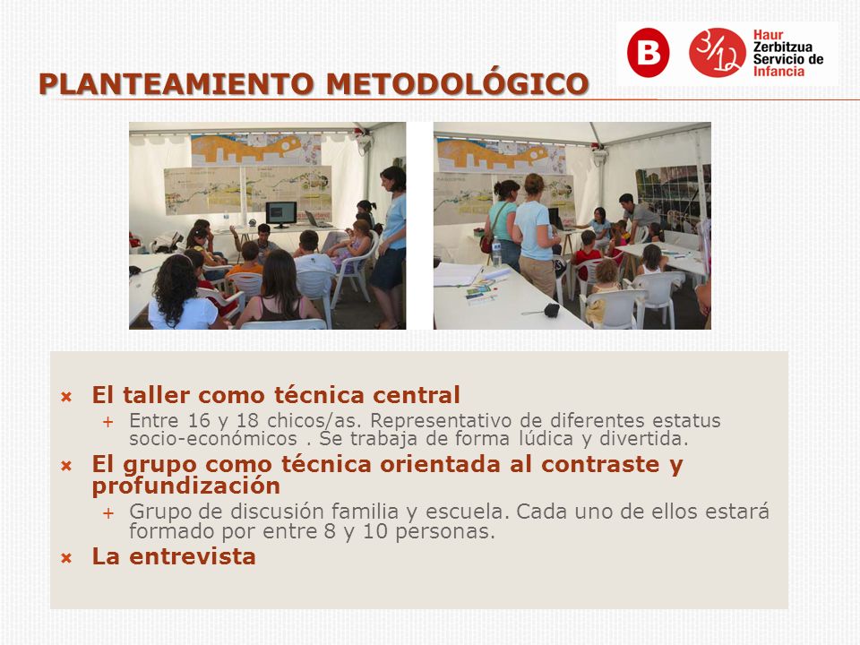 PLANTEAMIENTO METODOLÓGICO El taller como técnica central Entre 16 y 18 chicos/as.