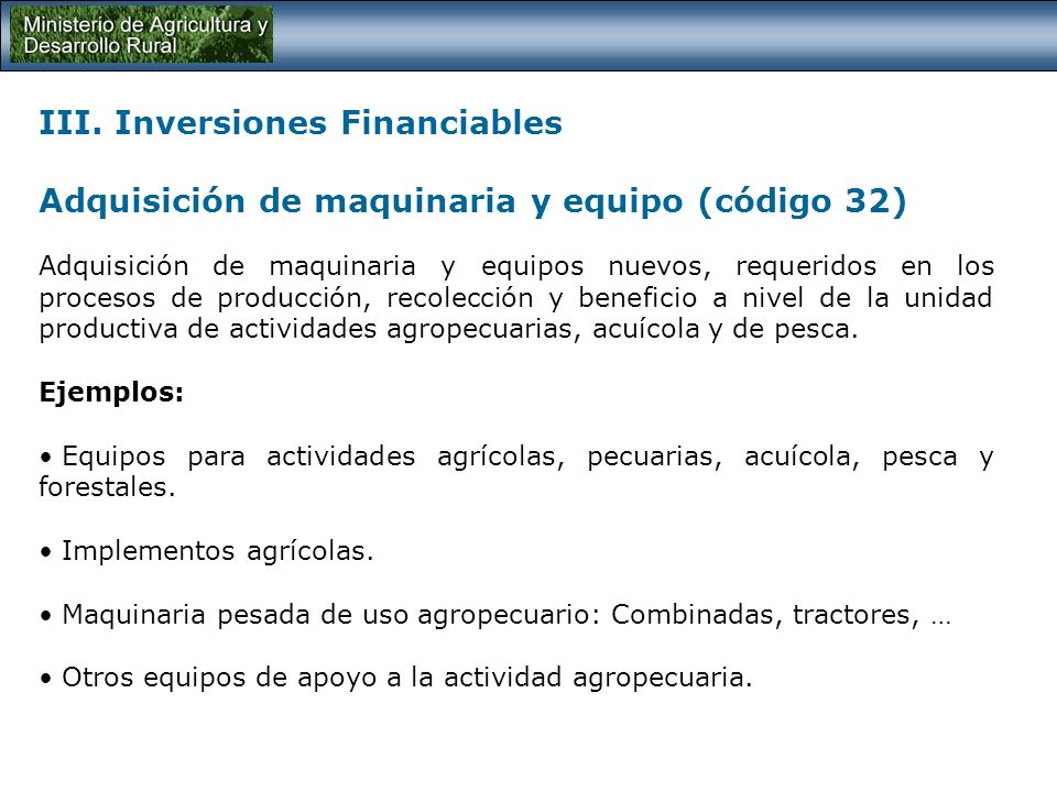 III. Inversiones Financiables Plantación y mantenimiento (código 30)