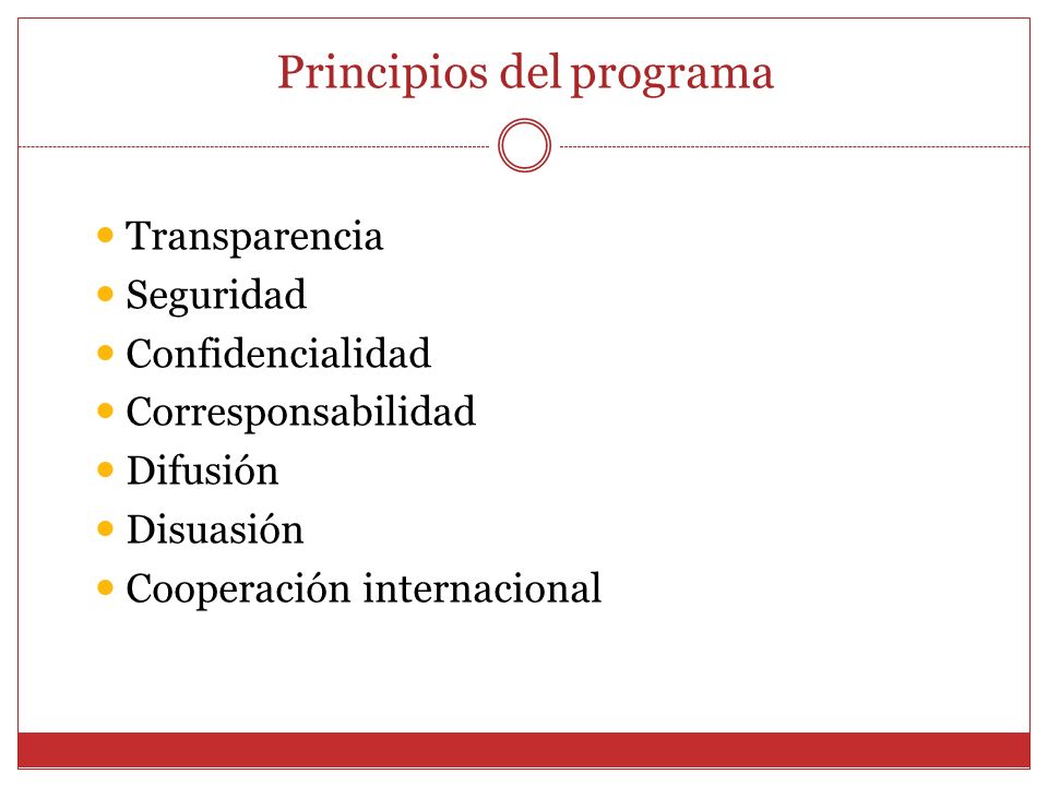Principios del programa Transparencia Seguridad Confidencialidad Corresponsabilidad Difusión Disuasión Cooperación internacional
