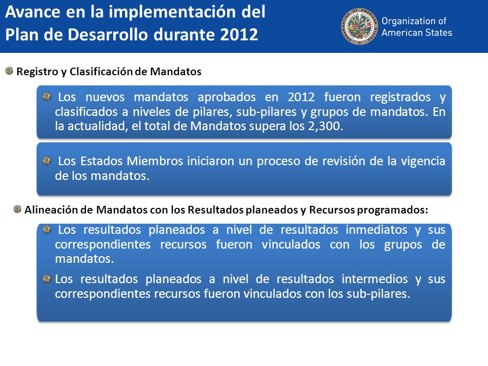 Registro y Clasificación de Mandatos Avance en la implementación del Plan de Desarrollo durante 2012 Los nuevos mandatos aprobados en 2012 fueron registrados y clasificados a niveles de pilares, sub-pilares y grupos de mandatos.