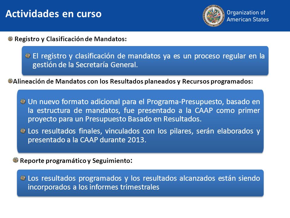 Registro y Clasificación de Mandatos: Actividades en curso El registro y clasificación de mandatos ya es un proceso regular en la gestión de la Secretaría General.