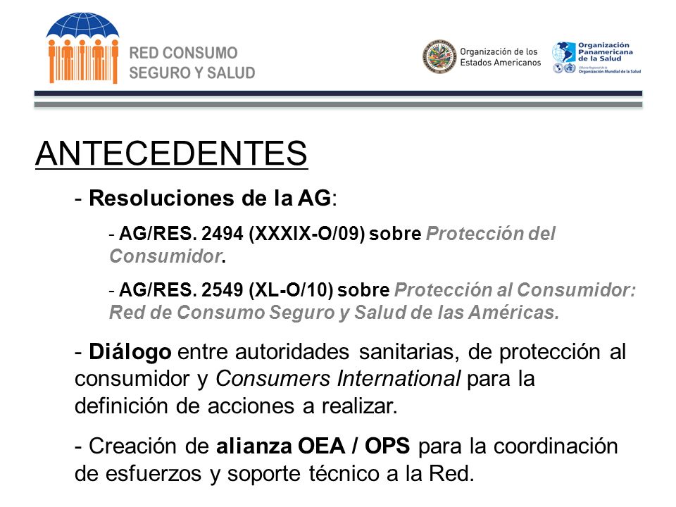 ANTECEDENTES - Resoluciones de la AG: - AG/RES (XXXIX-O/09) sobre Protección del Consumidor.