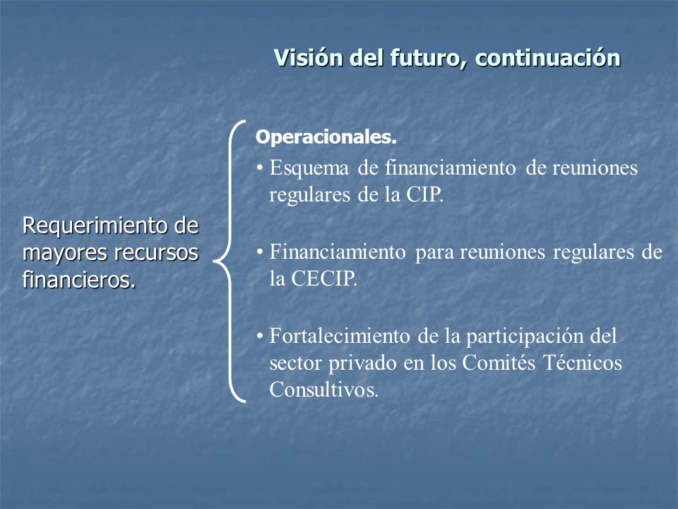 Visión del futuro, continuación Requerimiento de mayores recursos financieros.